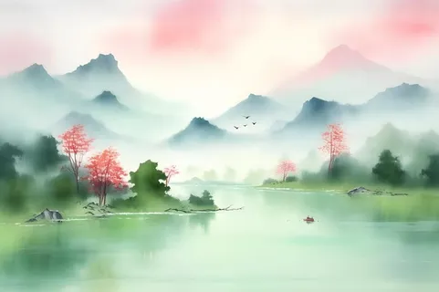 国风清新山河绿植背景