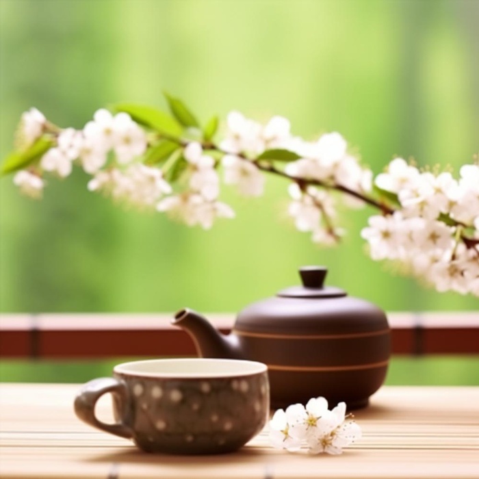 茶壶杯子梨花绿色背景