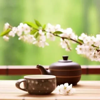 茶壶杯子梨花绿色背景