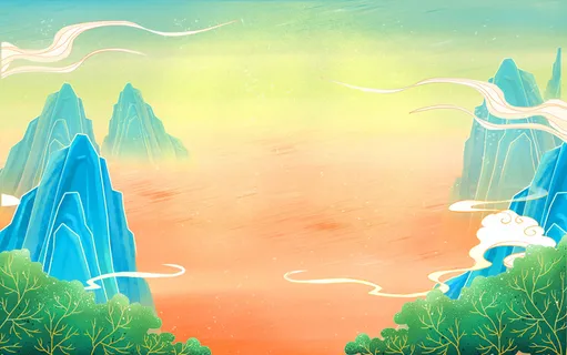 中国风国潮风山水祥云插画图案首页装修海报背景PSD设计模板素材