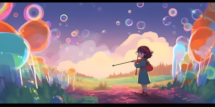 蓝天白云彩色泡泡彩虹草原树林风景插画背景