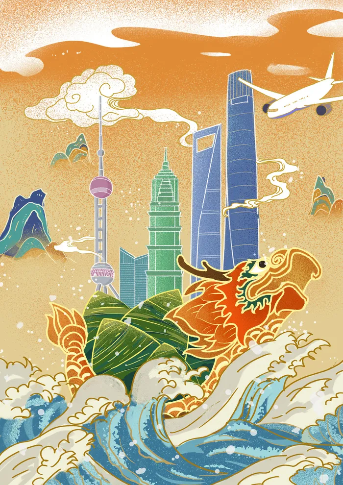 国潮风中国传统节日端午节赛龙舟粽子场景插画海报PSD设计素材psd模版下载