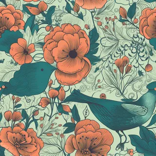 花鸟图，插画风格，无缝贴图，素材