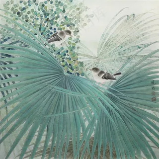 扇叶喜鹊图工笔画