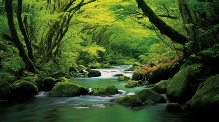 森林溪流小涧石头青苔摄影图(4368x2448)
