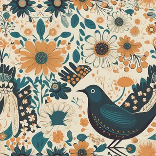 花鸟图，插画风格，无缝贴图，素材