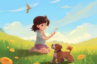 草坪儿童小狗玩耍蝴蝶插画背景