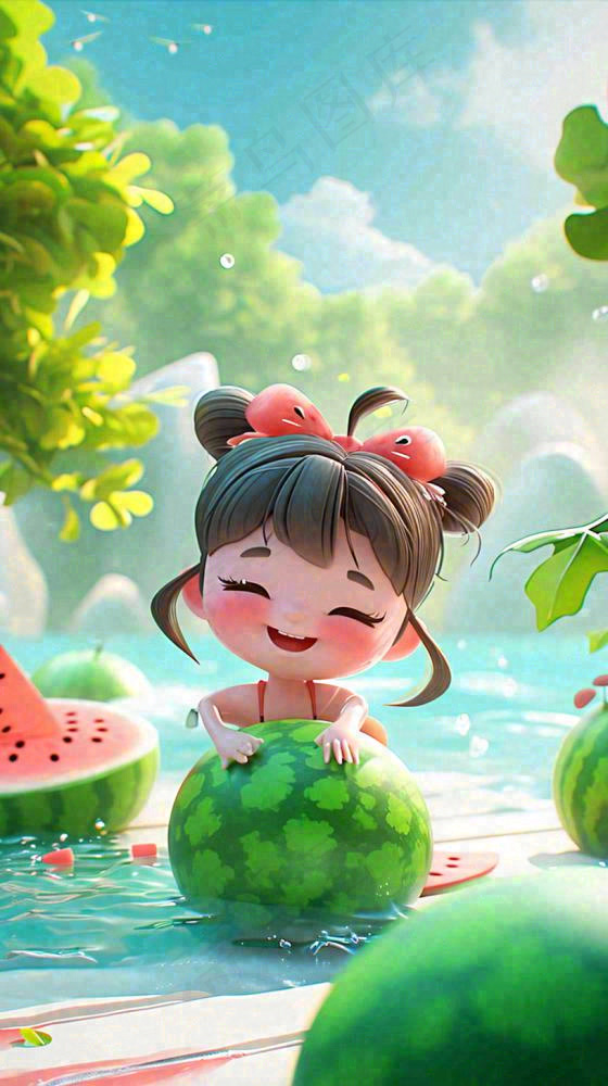 夏日清爽游泳儿童戏水，水果西瓜清凉，夏至大暑小暑(816x1456)
