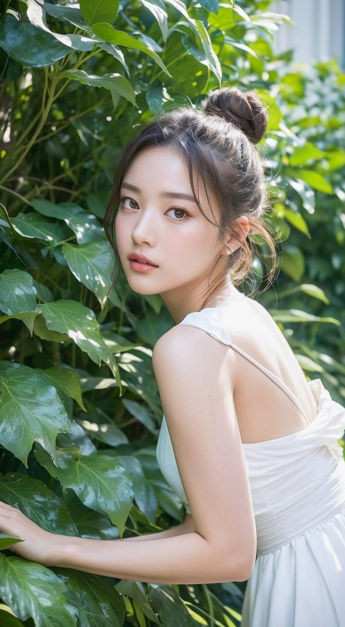抚摸绿叶的少女