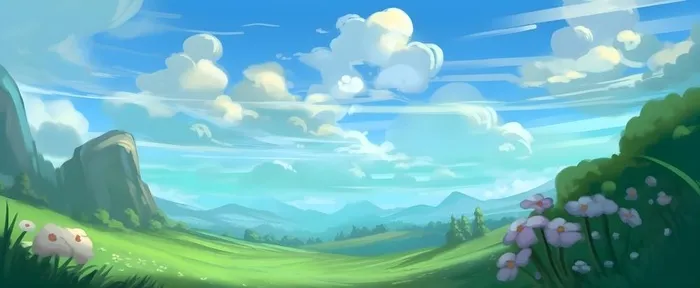 春天蓝天白云草原绿色树草地手绘插画海报素材背景(6848x2816)