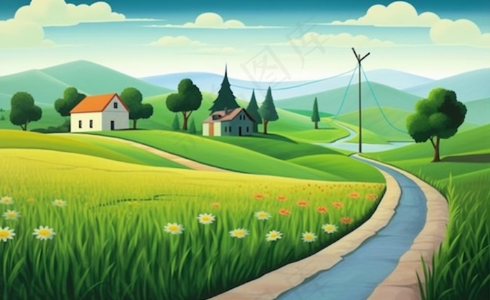 乡村村庄美丽风景河流插画农田插画背景(1408x864)