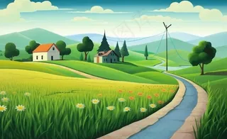 乡村村庄美丽风景河流插画农田插画背景