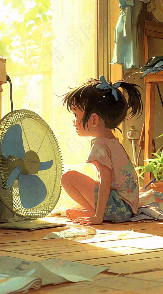 儿童在家吹风扇，夏天炎热清爽手绘插画，夏至小暑暑期(816x1472)