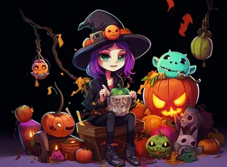 万圣节女巫鬼怪捣蛋南瓜灯恐怖紫色插画素材背景