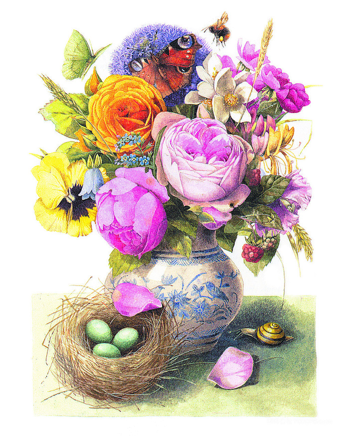 唯美花卉花瓶鸟蛋油画