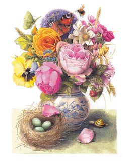 唯美花卉花瓶鸟蛋油画