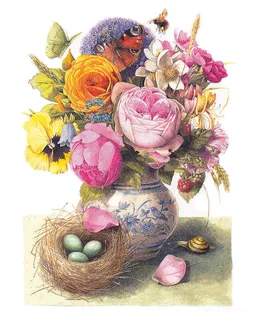 唯美花卉花瓶鸟蛋油画