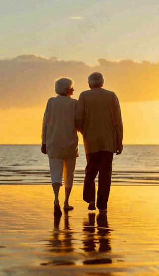 落日下老年人父母陪伴爱情，情人节温馨浪漫摄影图
