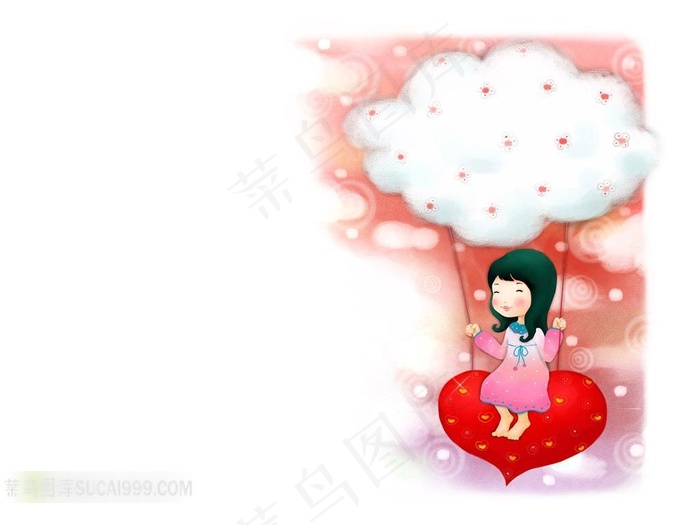 云朵上荡秋千的女孩插画素材