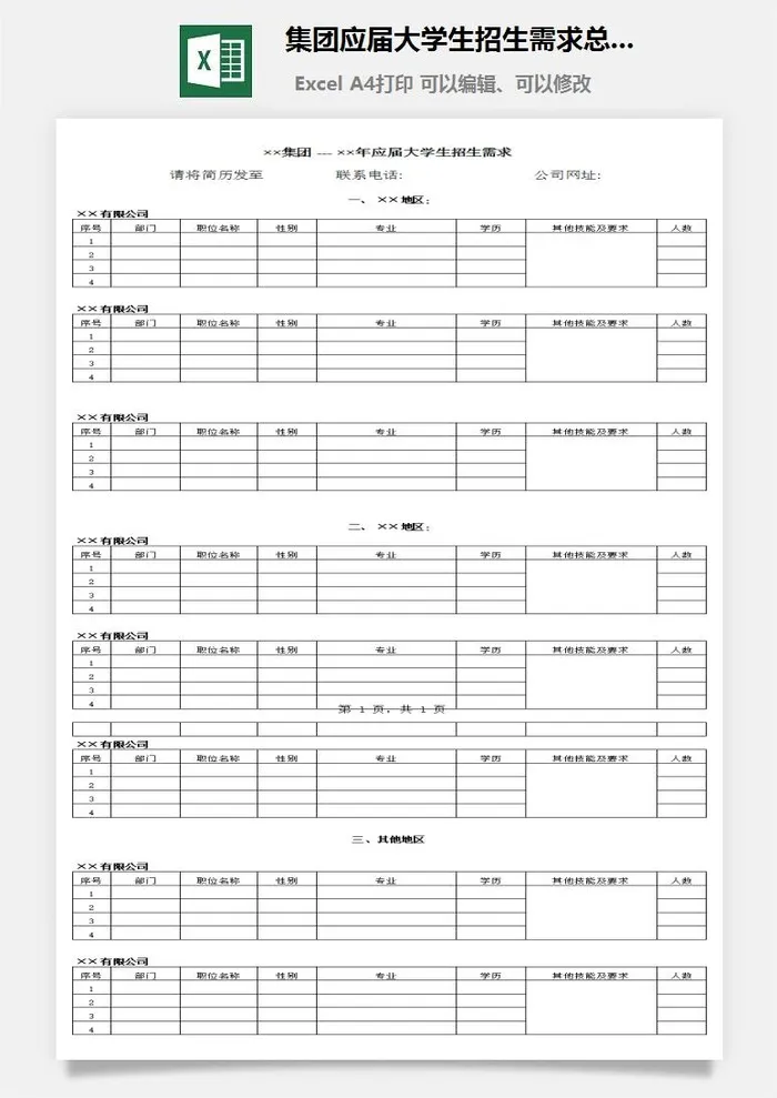 集团应届大学生招生需求总汇表excel模板