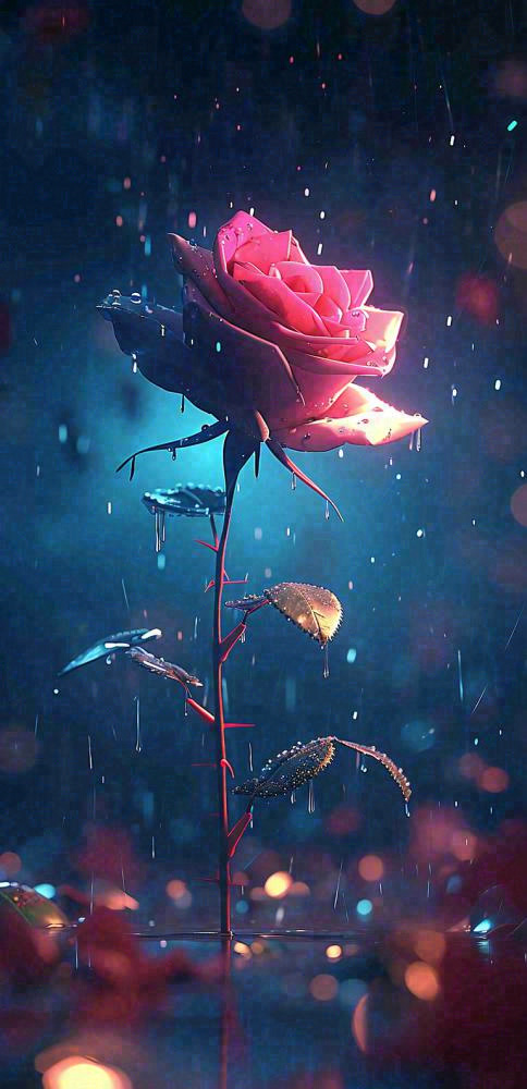 雨天荆棘粉色玫瑰，夜光星光爱情浪漫，情人节(768x1584)