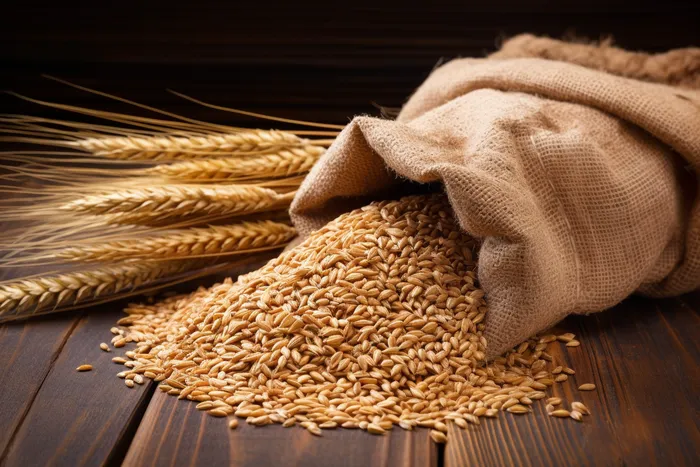 秋季成熟作物布袋倒出的小麦和干麦穗摄影图(4032x2688)