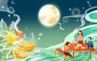 国庆中秋国风团圆插画素材