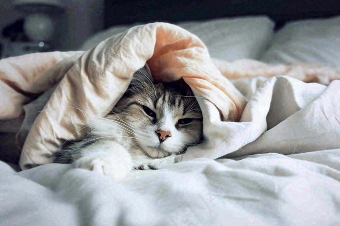 被窝里睡觉的猫猫，可爱的动物摄影图(1344x896)