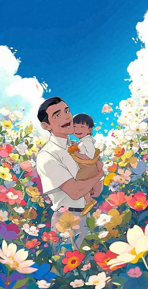 蓝天白云下的花海，父亲抱着孩子，温馨亲情