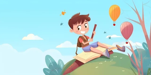 儿童放假写作业天空热气球卡通背景