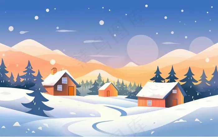 冬季晚霞白雪乡村村庄雪花雪景卡通插画背景(1376x864)