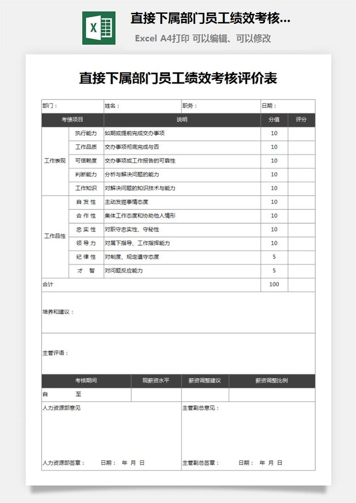 52直接下属部门员工绩效考核评价表