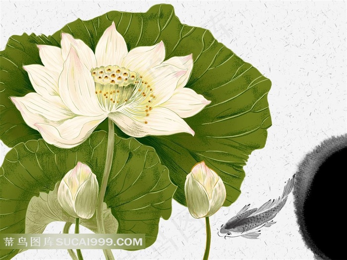 水墨荷花与鱼图