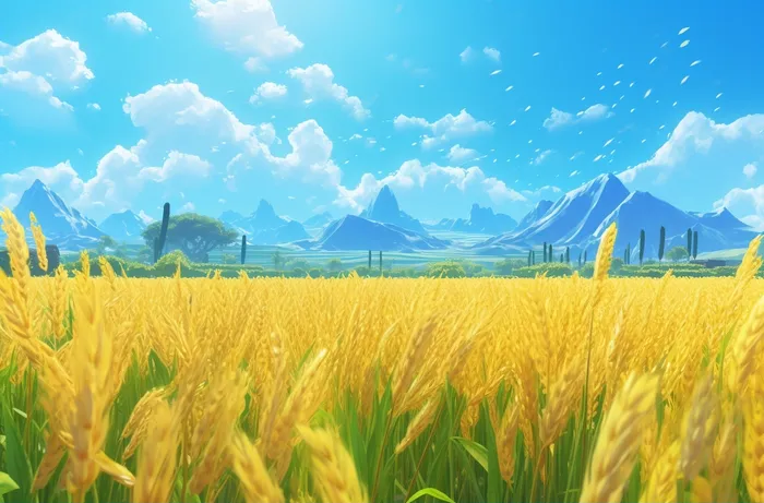 蓝天白云下金黄色的稻田插画背景(4080x2688)