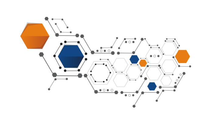 六边形橘色蓝色卡通科技kv主视觉