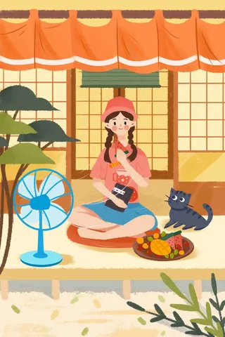 原创小清新处暑女孩和猫屋内乘凉吃水果