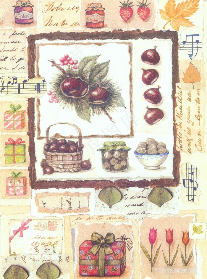 水彩水果礼物树叶插画