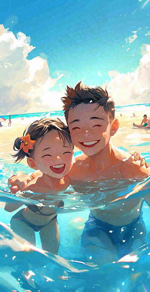 夏天父子游泳泳池蓝天白云清新手绘插画(784x1520)