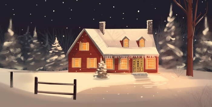 冬天夜晚森林里的房子被白雪覆盖卡通插画背景(1552x784)