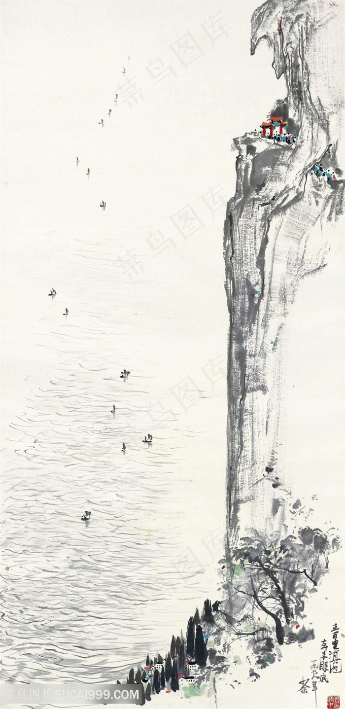 吴冠中水墨湖畔山脉高清装饰画