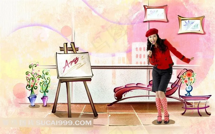 手绘插画清纯绘画美女合成艺术