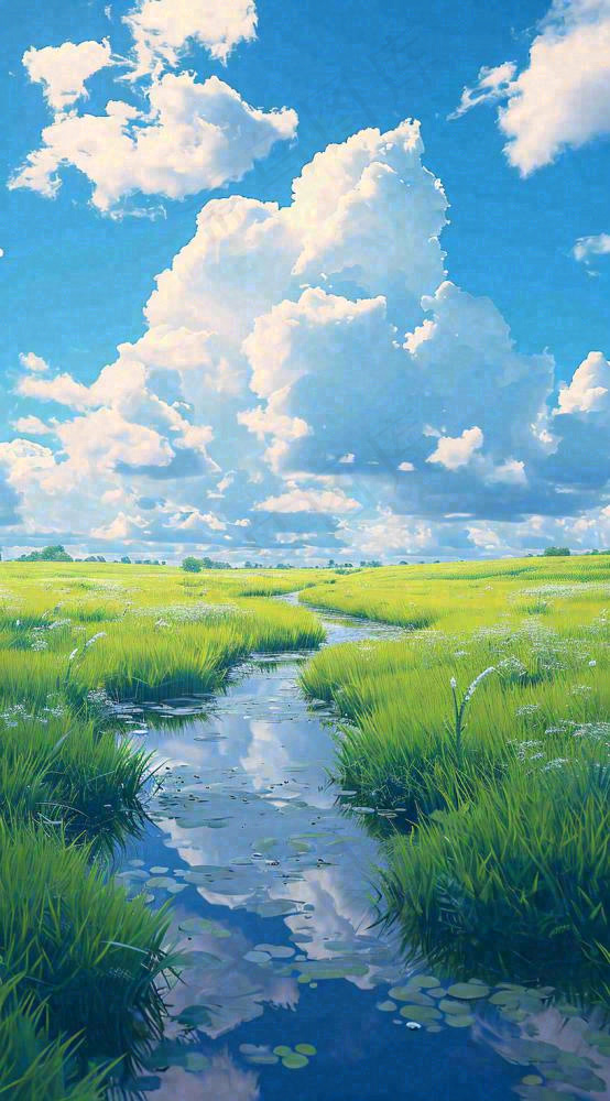 春天河边青草池塘蓝天白云，立春(816x1472)