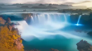 大气写意色块风景插画壁纸背景-雄奇美丽的瀑布