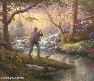 溪流垂钓水彩树林美景油画 溪流垂钓水彩树林美景油画