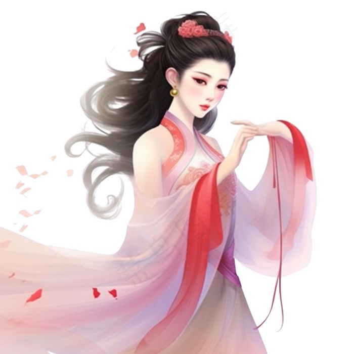 古风古装少女仙气粉色衣裙插画免抠(1024x1024)