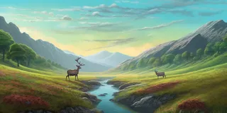 麋鹿在群山附近的草上漫步插画背景