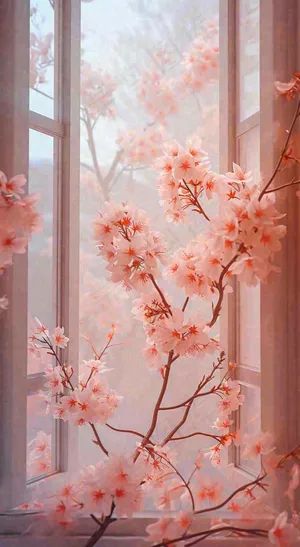 初春窗户边的粉色樱花花朵，温馨阳光，立春惊蛰春分