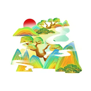 中国风国潮山水插画祥云中式手绘烫金线条元素png装饰背景PSD素材