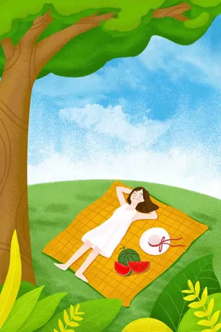 夏季处暑清新女孩出游树下乘凉手绘插画