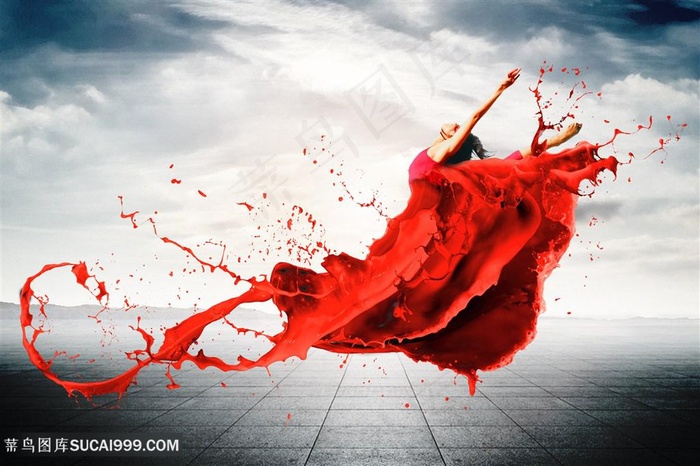 穿着红色油漆长裙跳舞的女性